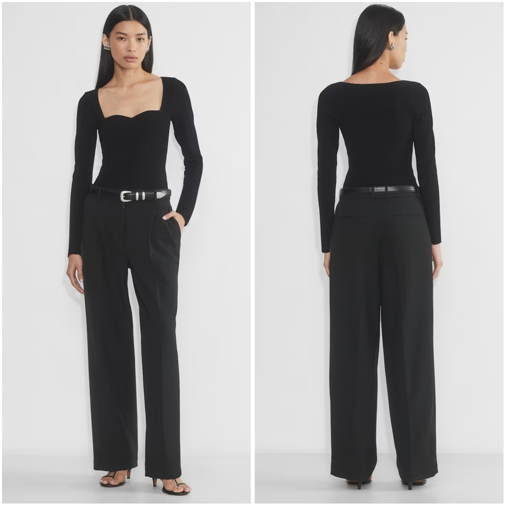 Aritzia Babaton Sculpt Ribbed Knit Sweetheart Long Sleeve Top Black Large